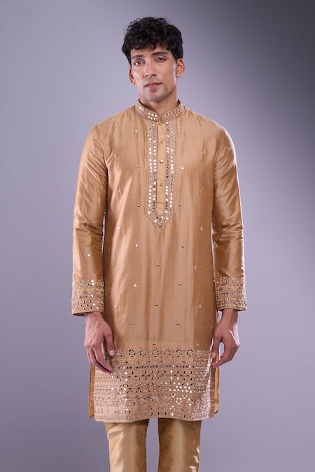 Arihant Rai Sinha_Brown Polyester, Silk Mirrors Embroidered Kurta And Pant Set _at_Aza_Fashions