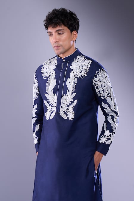 Arihant Rai Sinha_Blue Polyester, Silk Embroidery Floral Vine Kurta Set _Online_at_Aza_Fashions