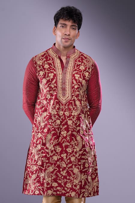 Arihant Rai Sinha Maroon Polyester, Silk Embroidery Floral Garden Kurta Set at Aza Fashions Arihant Rai Sinha_Maroon Polyester, Silk Embroidery Floral Garden Kurta Set _at_Aza_Fashions