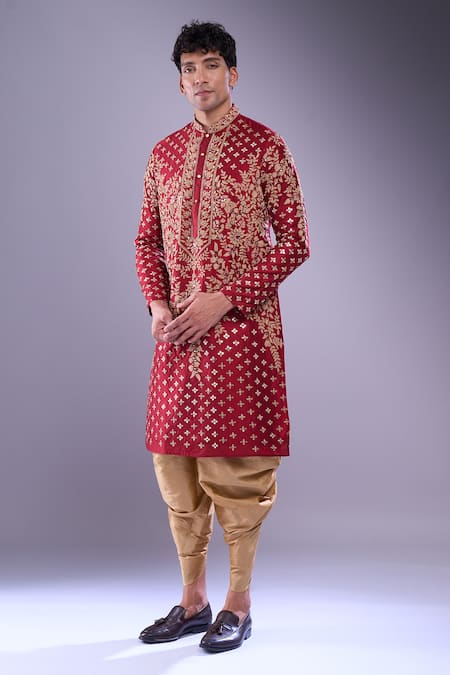 Buy_Arihant Rai Sinha_Maroon Polyester, Silk Mirrors, Floral Embroidered Kurta Set With Patiala Pant _Online_at_Aza_Fashions
