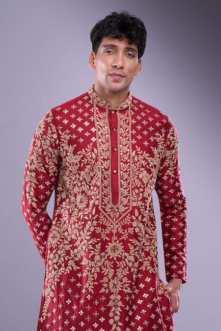 Shop_Arihant Rai Sinha_Maroon Polyester, Silk Mirrors, Floral Embroidered Kurta Set With Patiala Pant _Online_at_Aza_Fashions
