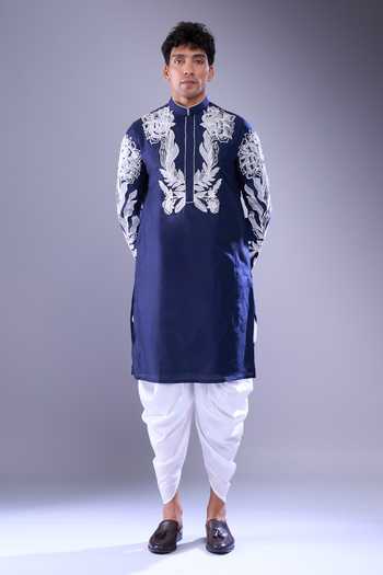Buy_Arihant Rai Sinha_Blue Polyester, Silk Embroidery Navy Floral Kurta Set _Online_at_Aza_Fashions