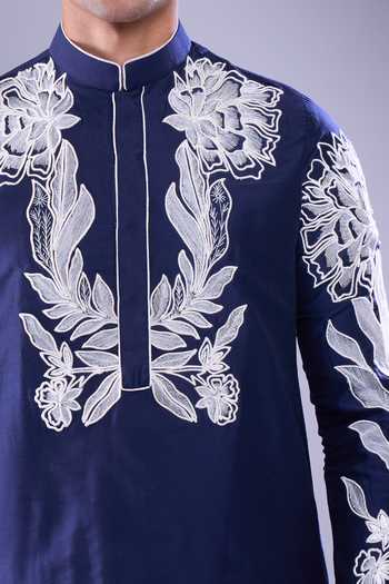 Shop_Arihant Rai Sinha_Blue Polyester, Silk Embroidery Navy Floral Kurta Set _Online_at_Aza_Fashions
