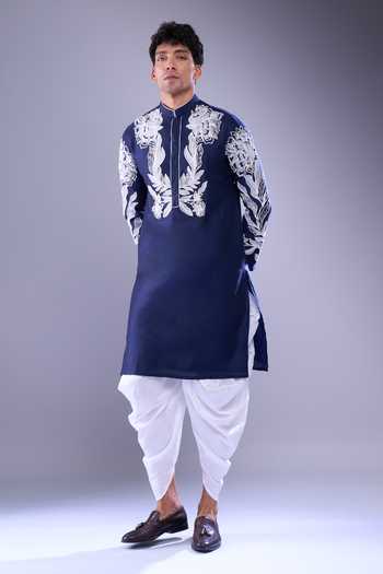 Arihant Rai Sinha_Blue Polyester, Silk Embroidery Navy Floral Kurta Set _at_Aza_Fashions
