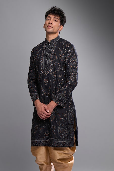 Arihant Rai Sinha_Black Polyester, Silk Embroidery Floral Kurta Set _Online_at_Aza_Fashions