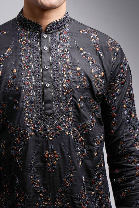 Buy_Arihant Rai Sinha_Black Polyester, Silk Embroidery Floral Kurta Set _Online_at_Aza_Fashions