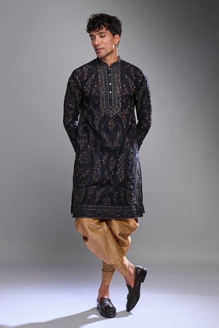 Shop_Arihant Rai Sinha_Black Polyester, Silk Embroidery Floral Kurta Set _Online_at_Aza_Fashions
