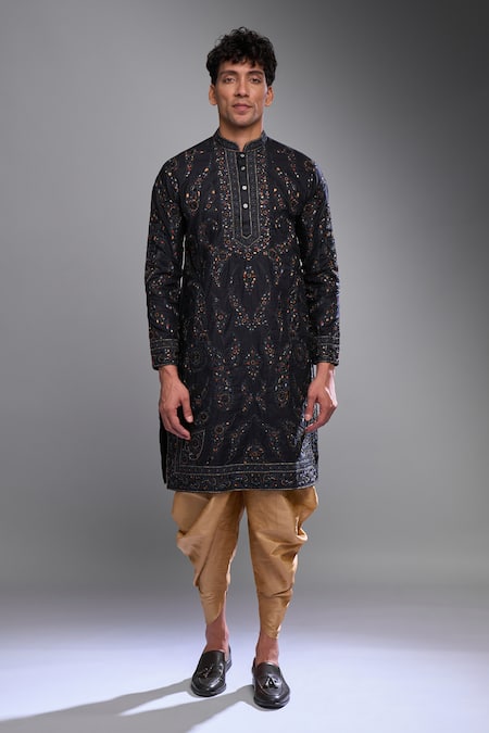 Arihant Rai Sinha_Black Polyester, Silk Embroidery Floral Kurta Set _at_Aza_Fashions