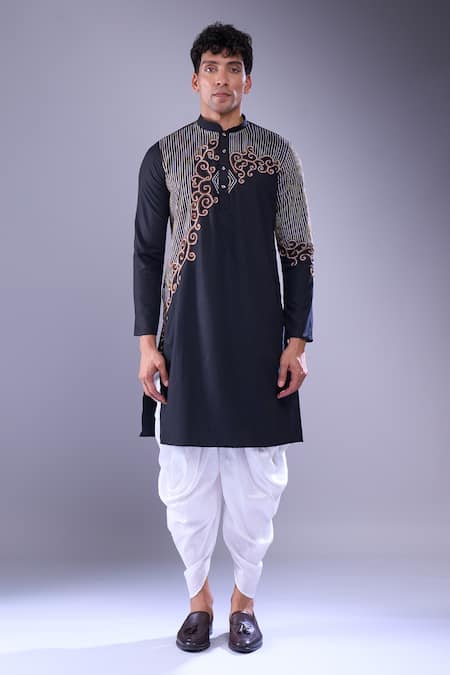 Buy_Arihant Rai Sinha_Black Cotton, Silk Embroidery Floral Vine Kurta And Patiala Pant _Online_at_Aza_Fashions