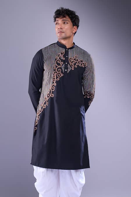 Shop_Arihant Rai Sinha_Black Cotton, Silk Embroidery Floral Vine Kurta And Patiala Pant _Online_at_Aza_Fashions