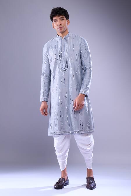 Shop_Arihant Rai Sinha_Gray Polyester, Silk Mirrors, Embroidery Kurta Set _Online_at_Aza_Fashions