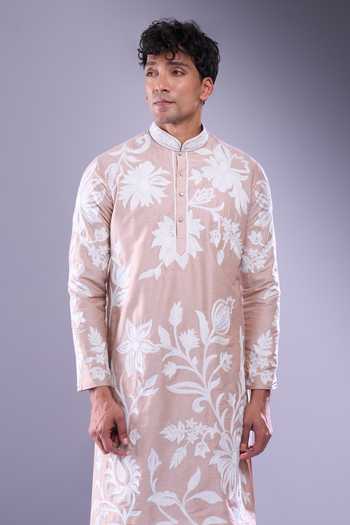 Arihant Rai Sinha_Peach Polyester, Silk Embroidery Flower Vine Kurta Set _Online_at_Aza_Fashions