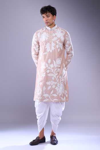Arihant Rai Sinha_Peach Polyester, Silk Embroidery Flower Vine Kurta Set _at_Aza_Fashions