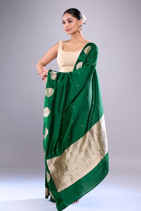Mint N Oranges Green Silk Embroidery, Zari Round Neck Floral Woven Banarasi Saree Online at Aza Fashions Mint N Oranges_Green Silk Embroidery, Zari Round Neck Floral Woven Banarasi Saree_Online_at_Aza_Fashions