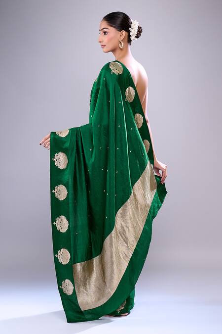 Shop Mint N Oranges Green Silk Embroidery, Zari Round Neck Floral Woven Banarasi Saree at Aza Fashions Shop_Mint N Oranges_Green Silk Embroidery, Zari Round Neck Floral Woven Banarasi Saree_at_Aza_Fashions