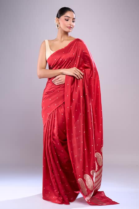 Buy Mint N Oranges Red Silk Embroidery Round Neck Handwoven Banarasi Saree Online at Aza Fashions Buy_Mint N Oranges_Red Silk Embroidery Round Neck Handwoven Banarasi Saree_Online_at_Aza_Fashions
