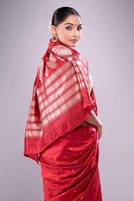 Shop Mint N Oranges Red Silk Embroidery Round Neck Handwoven Banarasi Saree Online at Aza Fashions Shop_Mint N Oranges_Red Silk Embroidery Round Neck Handwoven Banarasi Saree_Online_at_Aza_Fashions