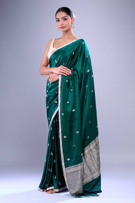Mint N Oranges_Green Satin, Silk Floral Handwoven Saree With Running Blouse Piece _Online_at_Aza_Fashions