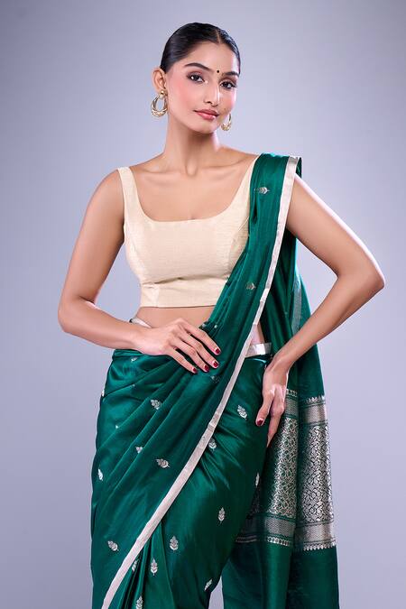 Buy_Mint N Oranges_Green Satin, Silk Floral Handwoven Saree With Running Blouse Piece _Online_at_Aza_Fashions