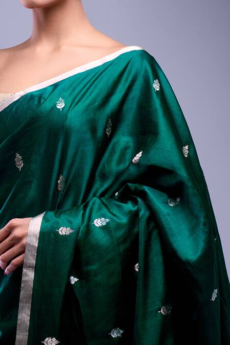 Shop_Mint N Oranges_Green Satin, Silk Floral Handwoven Saree With Running Blouse Piece _Online_at_Aza_Fashions