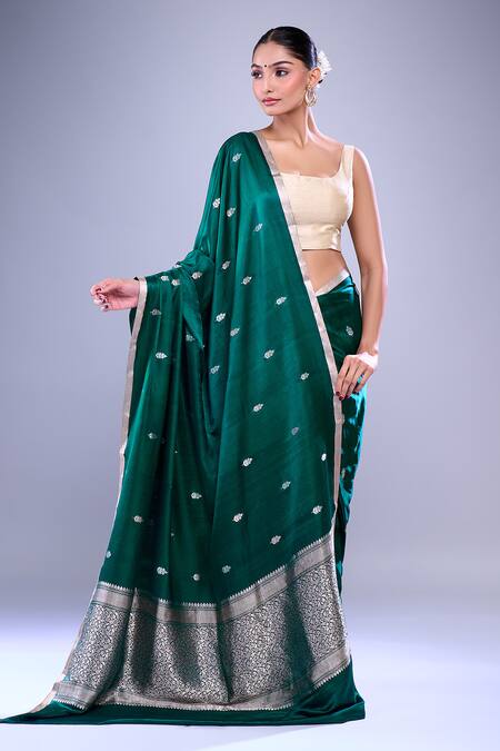 Mint N Oranges_Green Satin, Silk Floral Handwoven Saree With Running Blouse Piece _at_Aza_Fashions