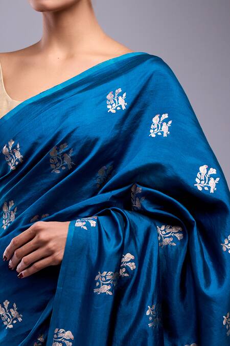 Mint N Oranges_Blue Silk Embroidery Bird Woven Butta Saree_Online_at_Aza_Fashions