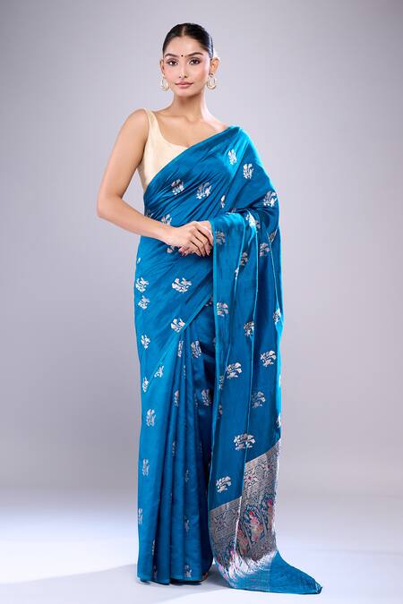 Buy_Mint N Oranges_Blue Silk Embroidery Bird Woven Butta Saree_Online_at_Aza_Fashions