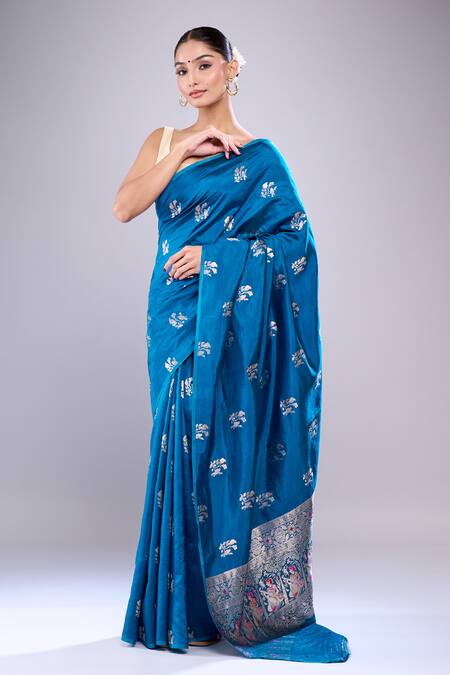 Shop_Mint N Oranges_Blue Silk Embroidery Bird Woven Butta Saree_Online_at_Aza_Fashions