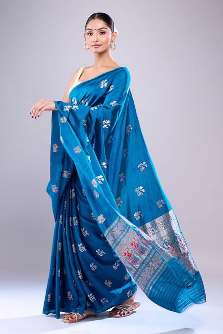 Mint N Oranges_Blue Silk Embroidery Bird Woven Butta Saree_at_Aza_Fashions