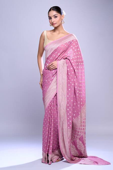 Mint N Oranges_Purple Georgette Embroidery Handwoven Butta Saree With Blouse_Online_at_Aza_Fashions