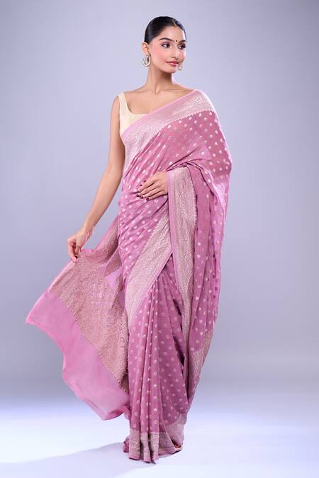 Mint N Oranges_Purple Georgette Embroidery Handwoven Butta Saree With Blouse_at_Aza_Fashions