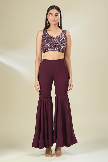 Mehak Murpana Wine Georgette, Silk Sequins, Beads, Cut Work, Embroidered Jacket Sharara Set Online at Aza Fashions Mehak Murpana_Wine Georgette, Silk Sequins, Beads, Cut Work, Embroidered Jacket Sharara Set _Online_at_Aza_Fashions