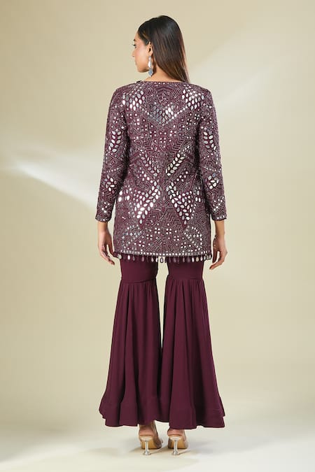 Shop Mehak Murpana Wine Georgette, Silk Sequins, Beads, Cut Work, Embroidered Jacket Sharara Set at Aza Fashions Shop_Mehak Murpana_Wine Georgette, Silk Sequins, Beads, Cut Work, Embroidered Jacket Sharara Set _at_Aza_Fashions