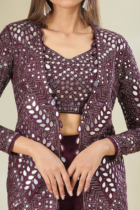 Shop Mehak Murpana Wine Georgette, Silk Sequins, Beads, Cut Work, Embroidered Jacket Sharara Set Online at Aza Fashions Shop_Mehak Murpana_Wine Georgette, Silk Sequins, Beads, Cut Work, Embroidered Jacket Sharara Set _Online_at_Aza_Fashions