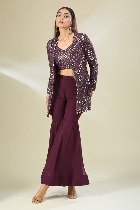 Mehak Murpana Wine Georgette, Silk Sequins, Beads, Cut Work, Embroidered Jacket Sharara Set at Aza Fashions Mehak Murpana_Wine Georgette, Silk Sequins, Beads, Cut Work, Embroidered Jacket Sharara Set _at_Aza_Fashions