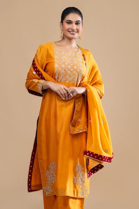 Buy Label Radini Yellow Chanderi Sequins Round Neck Kashmiri Tilla Embroidered Kurta Set Online at Aza Fashions Buy_Label Radini_Yellow Chanderi Sequins Round Neck Kashmiri Tilla Embroidered Kurta Set _Online_at_Aza_Fashions