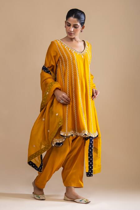 Label Radini Yellow Chanderi Pearls V-neck Aari Embroidered Choga Kurta Set Online at Aza Fashions Label Radini_Yellow Chanderi Pearls V-neck Aari Embroidered Choga Kurta Set _Online_at_Aza_Fashions