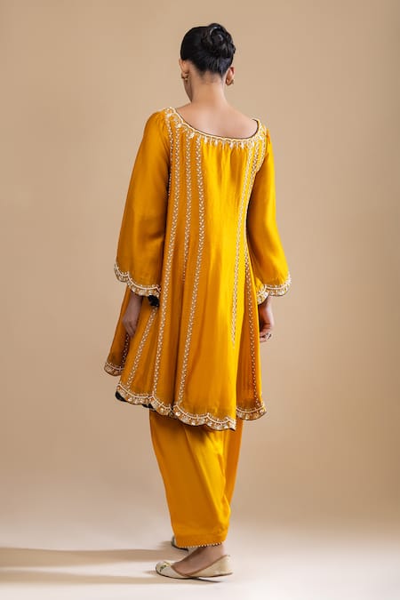 Shop Label Radini Yellow Chanderi Pearls V-neck Aari Embroidered Choga Kurta Set at Aza Fashions Shop_Label Radini_Yellow Chanderi Pearls V-neck Aari Embroidered Choga Kurta Set _at_Aza_Fashions