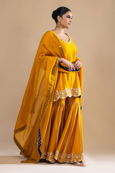 Buy Label Radini Yellow Chanderi Pearls V-neck Embroidered Kurta And Gharara Set Online at Aza Fashions Buy_Label Radini_Yellow Chanderi Pearls V-neck Embroidered Kurta And Gharara Set _Online_at_Aza_Fashions