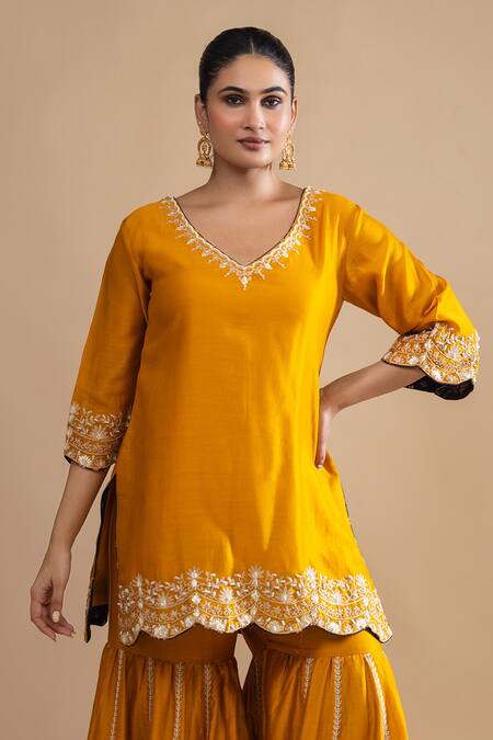 Shop Label Radini Yellow Chanderi Pearls V-neck Embroidered Kurta And Gharara Set Online at Aza Fashions Shop_Label Radini_Yellow Chanderi Pearls V-neck Embroidered Kurta And Gharara Set _Online_at_Aza_Fashions