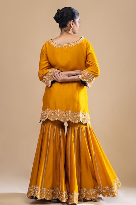 Shop Label Radini Yellow Chanderi Pearls V-neck Embroidered Kurta And Gharara Set at Aza Fashions Shop_Label Radini_Yellow Chanderi Pearls V-neck Embroidered Kurta And Gharara Set _at_Aza_Fashions