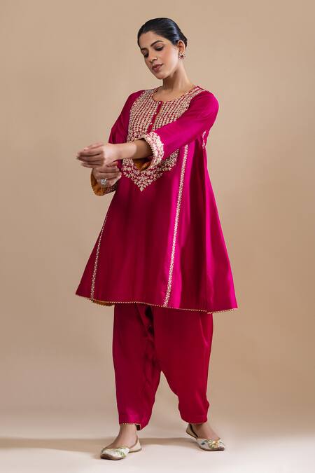 Label Radini_Pink Chanderi Pearls, Applique, Embroidery Round Neck Aari Gul Choga Kurta Set _Online_at_Aza_Fashions