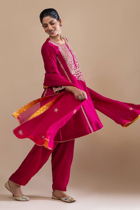 Buy_Label Radini_Pink Chanderi Pearls, Applique, Embroidery Round Neck Aari Gul Choga Kurta Set _Online_at_Aza_Fashions