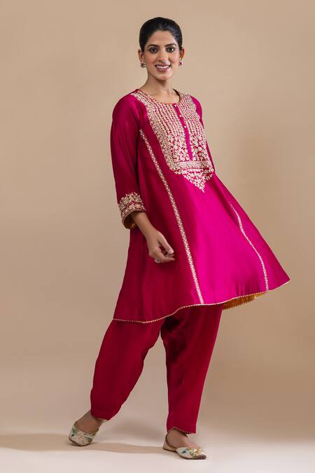 Shop_Label Radini_Pink Chanderi Pearls, Applique, Embroidery Round Neck Aari Gul Choga Kurta Set _Online_at_Aza_Fashions
