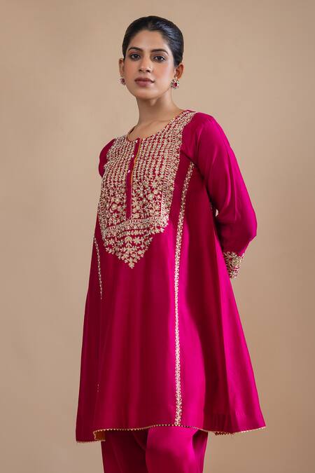 Label Radini_Pink Chanderi Pearls, Applique, Embroidery Round Neck Aari Gul Choga Kurta Set _at_Aza_Fashions