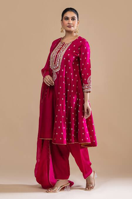 Label Radini_Pink Chanderi Sequins Round Neck Kashmiri Tilla Bloom Embroidered Choga Set _Online_at_Aza_Fashions
