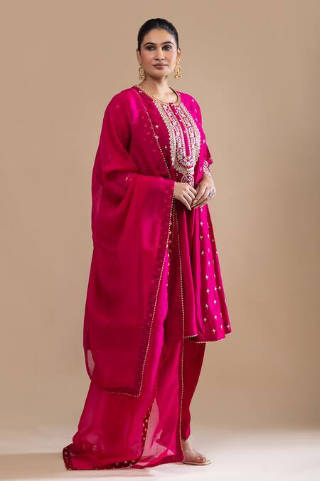 Shop_Label Radini_Pink Chanderi Sequins Round Neck Kashmiri Tilla Bloom Embroidered Choga Set _Online_at_Aza_Fashions