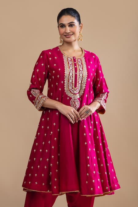 Label Radini_Pink Chanderi Sequins Round Neck Kashmiri Tilla Bloom Embroidered Choga Set _at_Aza_Fashions