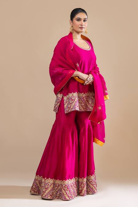 Label Radini Pink Chanderi Pearls, Applique, Embroidery Round Gul Jaal Kurta And Gharara Set Online at Aza Fashions Label Radini_Pink Chanderi Pearls, Applique, Embroidery Round Gul Jaal Kurta And Gharara Set _Online_at_Aza_Fashions