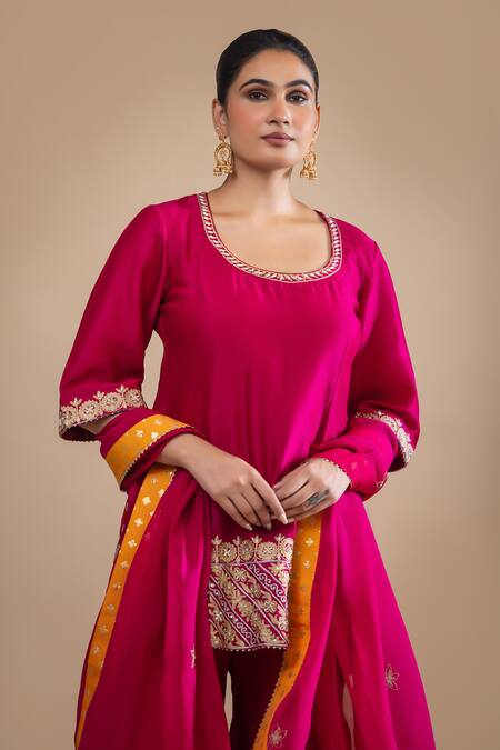 Buy Label Radini Pink Chanderi Pearls, Applique, Embroidery Round Gul Jaal Kurta And Gharara Set Online at Aza Fashions Buy_Label Radini_Pink Chanderi Pearls, Applique, Embroidery Round Gul Jaal Kurta And Gharara Set _Online_at_Aza_Fashions